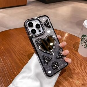 Black Glitter Phone Case with Heart Design For Iphone 11,12,13,14,15,16 Pro max